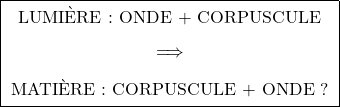 \[\boxed{ \;\begin{gathered} \text{LUMI&Egrave;RE : ONDE + CORPUSCULE} \\[0.45em] \Longrightarrow \\[0.45em] \text{MATI&Egrave;RE : CORPUSCULE + ONDE ?} \end{gathered}\; }\]