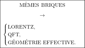 \[\boxed{ \;\begin{gathered} \text{M&Ecirc;MES BRIQUES} \\[0.45em] \rightarrow \\[0.45em] \begin{cases} \text{LORENTZ}, \\ \text{QFT}, \\ \text{G&Eacute;OM&Eacute;TRIE EFFECTIVE}. \end{cases} \end{gathered}\; }\]