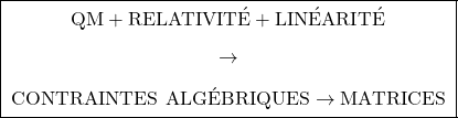 \[\boxed{ \;\begin{gathered} \text{QM} + \text{RELATIVIT&Eacute;} + \text{LIN&Eacute;ARIT&Eacute;} \\[0.45em] \rightarrow \\[0.45em] \text{CONTRAINTES ALG&Eacute;BRIQUES} \rightarrow \text{MATRICES} \end{gathered}\; }\]
